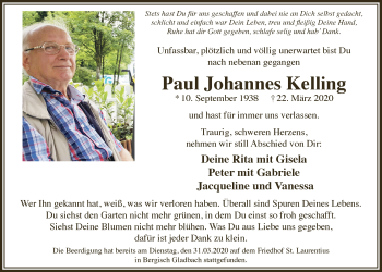 Anzeige von Paul Johannes Kelling von  Bergisches Handelsblatt 