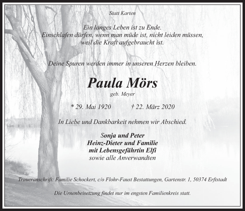  Traueranzeige für Paula Mörs vom 03.04.2020 aus  Werbepost 