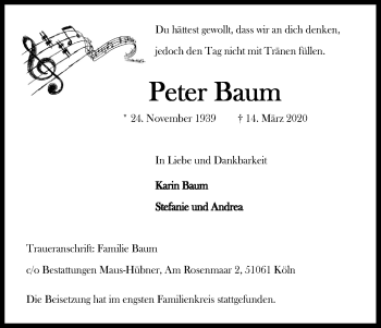 Anzeige von Peter Baum von Kölner Stadt-Anzeiger / Kölnische Rundschau / Express
