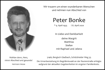 Anzeige von Peter Bonke von Kölner Stadt-Anzeiger / Kölnische Rundschau / Express