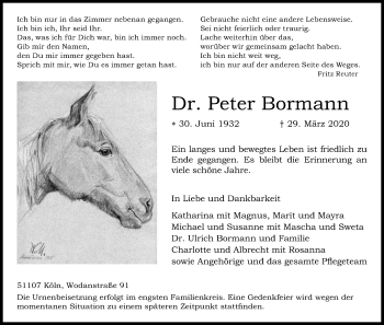 Anzeige von Peter Bormann von Kölner Stadt-Anzeiger / Kölnische Rundschau / Express