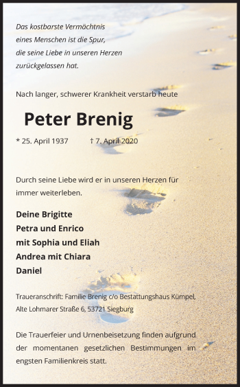 Anzeige von Peter Brenig von Kölner Stadt-Anzeiger / Kölnische Rundschau / Express