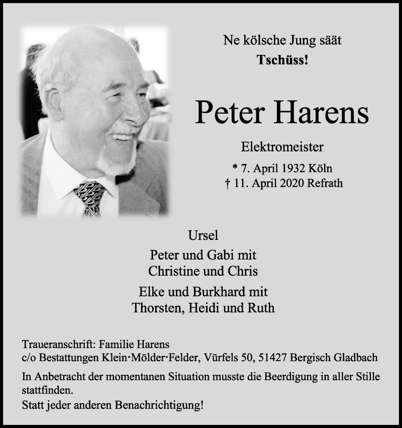  Traueranzeige für Peter Harens vom 18.04.2020 aus Kölner Stadt-Anzeiger / Kölnische Rundschau / Express