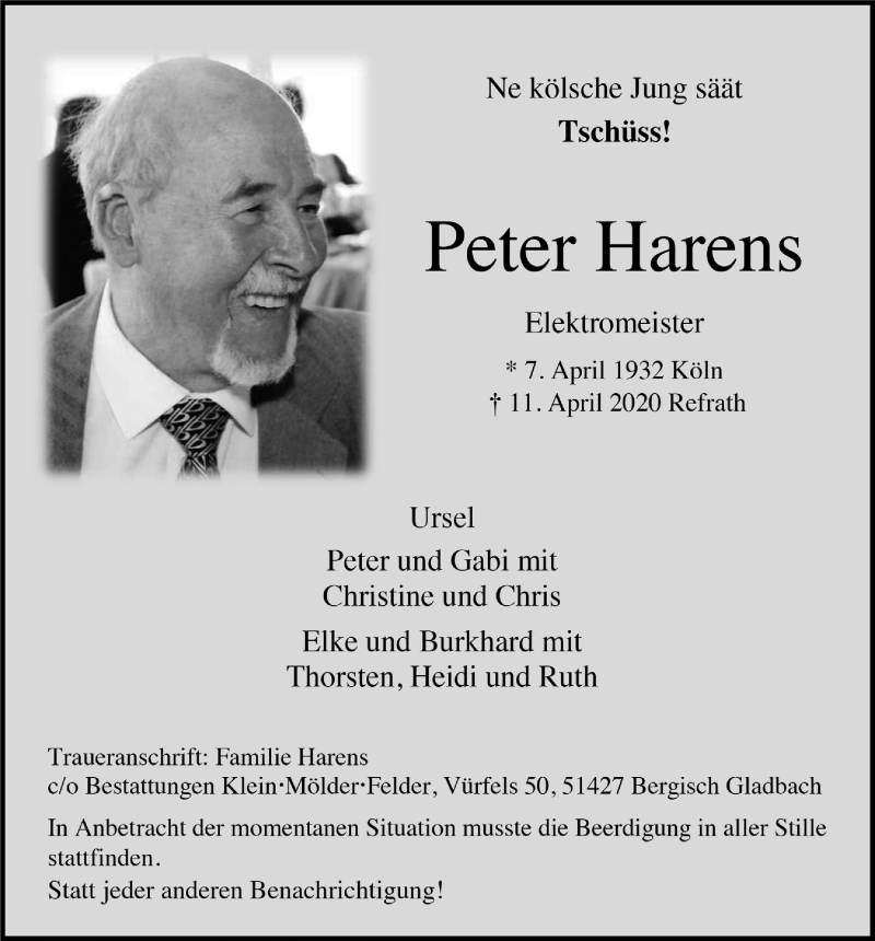  Traueranzeige für Peter Harens vom 17.04.2020 aus  Bergisches Handelsblatt 