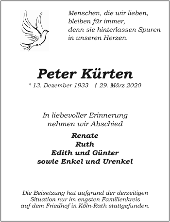 Anzeige von Peter Kürten von  Kölner Wochenspiegel 