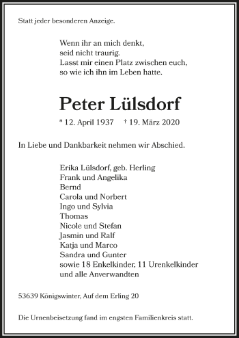 Anzeige von Peter Lülsdorf von  Extra Blatt 