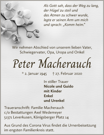Anzeige von Peter Macherauch von  Lokale Informationen 