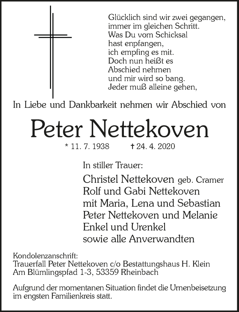  Traueranzeige für Peter Nettekoven vom 30.04.2020 aus  Schaufenster/Blickpunkt 