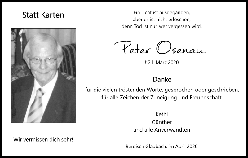  Traueranzeige für Peter Osenau vom 18.04.2020 aus Kölner Stadt-Anzeiger / Kölnische Rundschau / Express