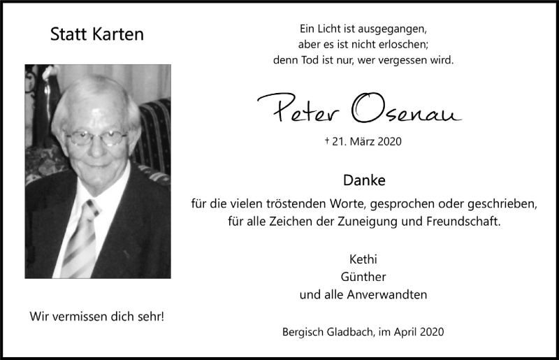  Traueranzeige für Peter Osenau vom 17.04.2020 aus  Bergisches Handelsblatt 