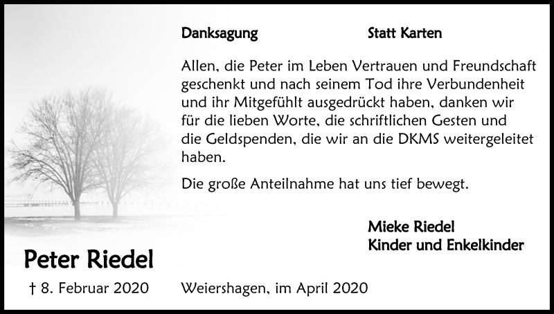  Traueranzeige für Peter Riedel vom 03.04.2020 aus Kölner Stadt-Anzeiger / Kölnische Rundschau / Express