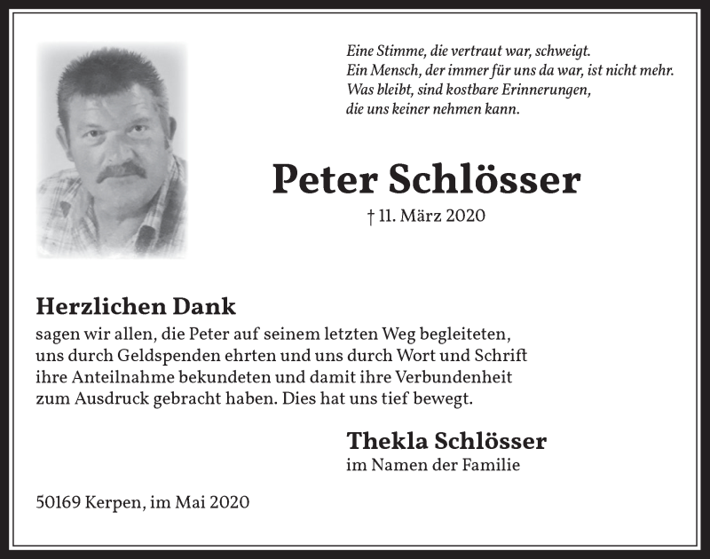  Traueranzeige für Peter Schlösser vom 30.04.2020 aus  Werbepost 