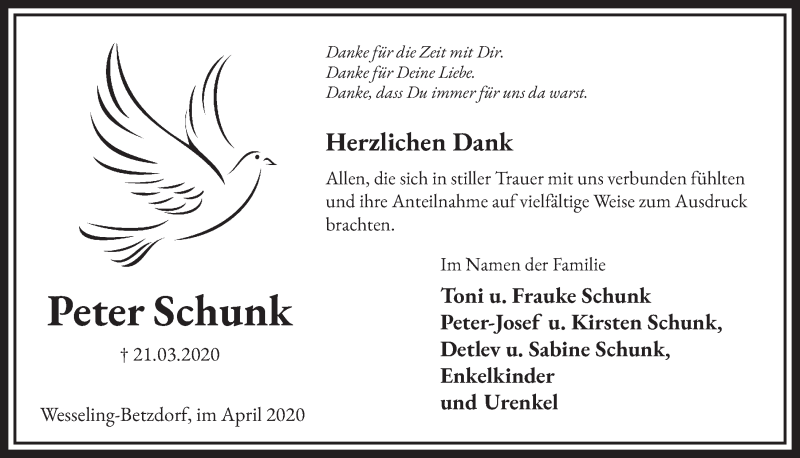  Traueranzeige für Peter Schunk vom 30.04.2020 aus  Schlossbote/Werbekurier 