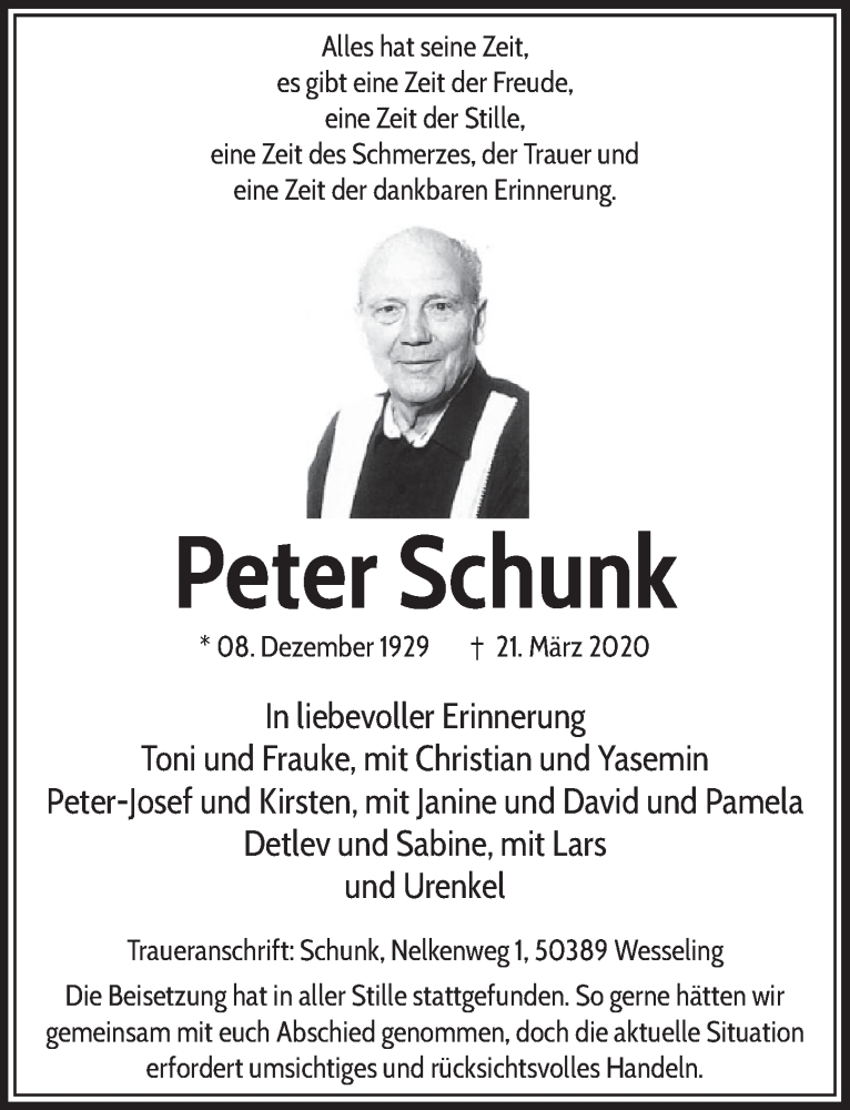  Traueranzeige für Peter Schunk vom 03.04.2020 aus  Schlossbote/Werbekurier 