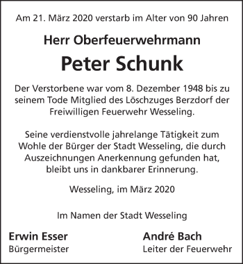 Anzeige von Peter Schunk von  Schlossbote/Werbekurier 