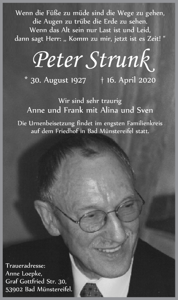  Traueranzeige für Peter Strunk vom 25.04.2020 aus  Blickpunkt Euskirchen 