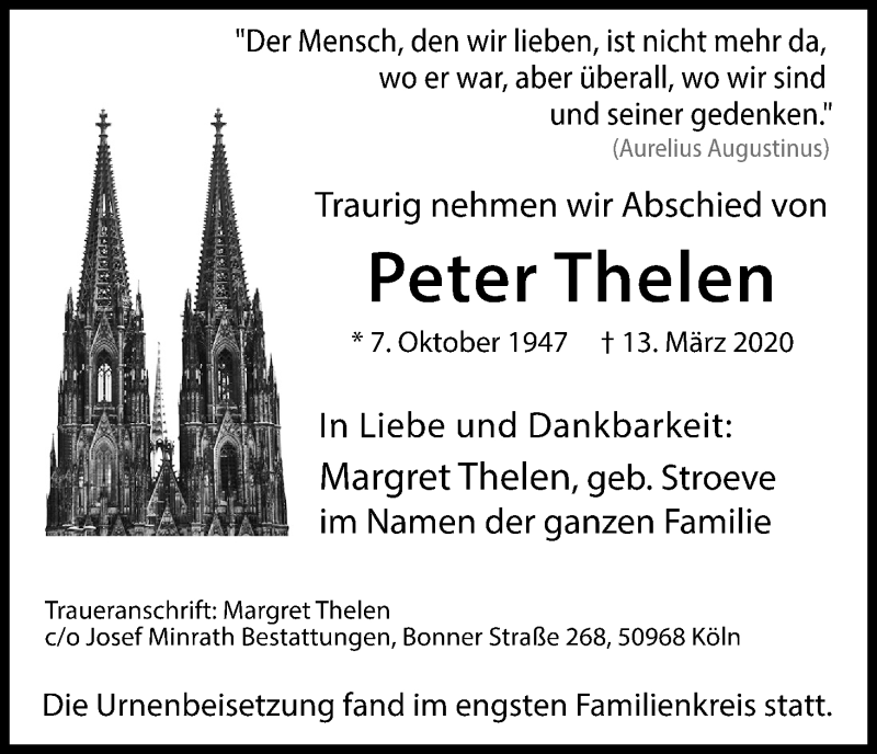  Traueranzeige für Peter Thelen vom 04.04.2020 aus Kölner Stadt-Anzeiger / Kölnische Rundschau / Express