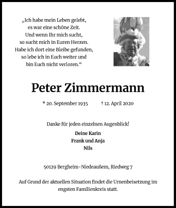 Anzeige von Peter Zimmermann von Kölner Stadt-Anzeiger / Kölnische Rundschau / Express