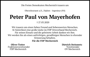 Anzeige von Peter Paul von Mayerhofen von Kölner Stadt-Anzeiger / Kölnische Rundschau / Express