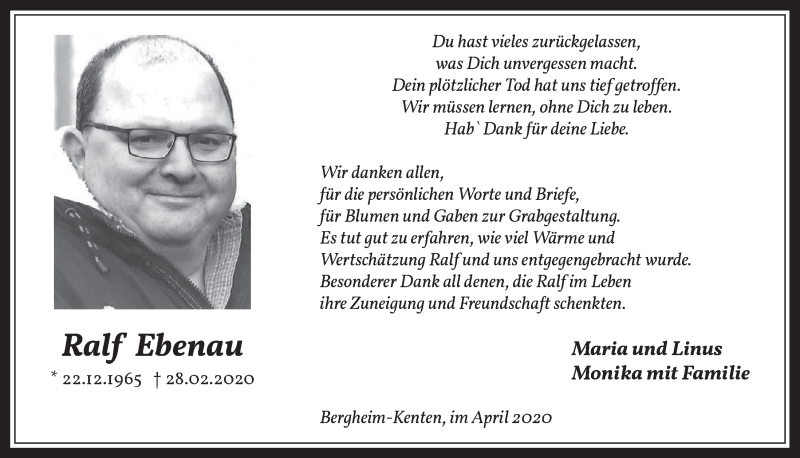  Traueranzeige für Ralf Ebenau vom 24.04.2020 aus  Werbepost 