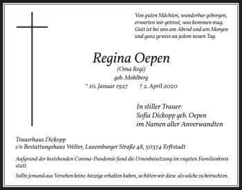 Anzeige von Regina Oepen von  Werbepost 