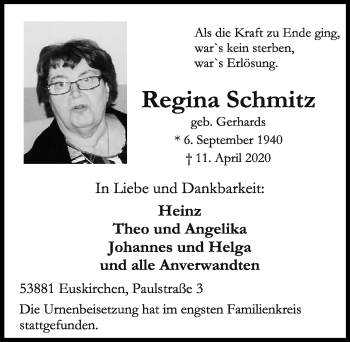 Anzeige von Regina Schmitz von  Blickpunkt Euskirchen 