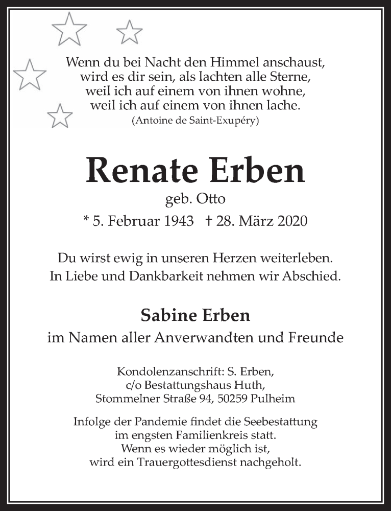  Traueranzeige für Renate Erben vom 03.04.2020 aus  Wochenende 