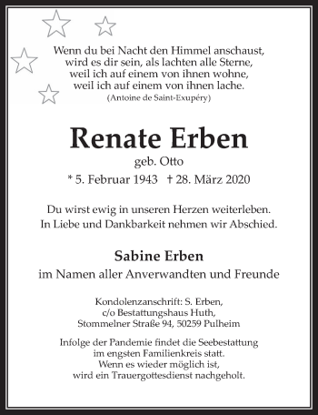 Anzeige von Renate Erben von  Wochenende 