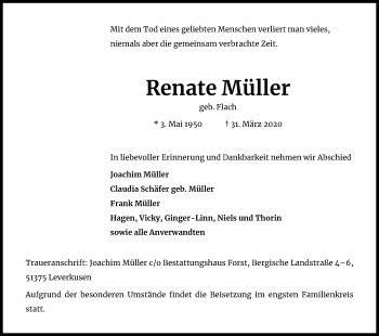 Anzeige von Renate Müller von Kölner Stadt-Anzeiger / Kölnische Rundschau / Express