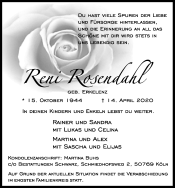 Anzeige von Reni Rosendahl von Kölner Stadt-Anzeiger / Kölnische Rundschau / Express