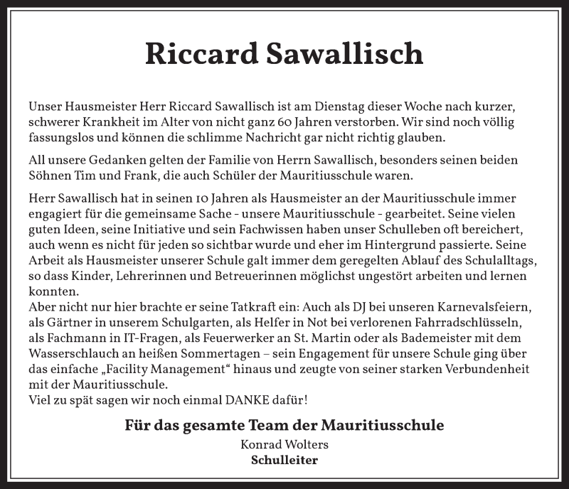  Traueranzeige für Riccard Sawallisch vom 17.04.2020 aus  Wochenende 