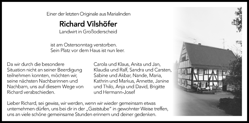  Traueranzeige für Richard Vilshöfer vom 18.04.2020 aus Kölner Stadt-Anzeiger / Kölnische Rundschau / Express