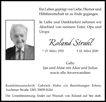 Anzeige von Roland Strahl von Kölner Stadt-Anzeiger / Kölnische Rundschau / Express