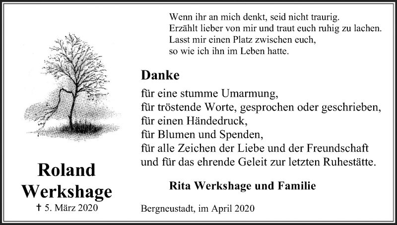  Traueranzeige für Roland Werkshage vom 18.04.2020 aus Kölner Stadt-Anzeiger / Kölnische Rundschau / Express