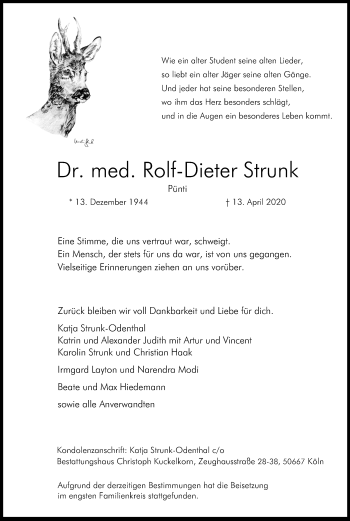 Anzeige von Rolf-Dieter Strunk von Kölner Stadt-Anzeiger / Kölnische Rundschau / Express