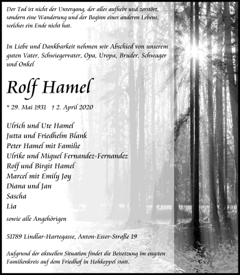 Anzeige von Rolf Hamel von  Anzeigen Echo 