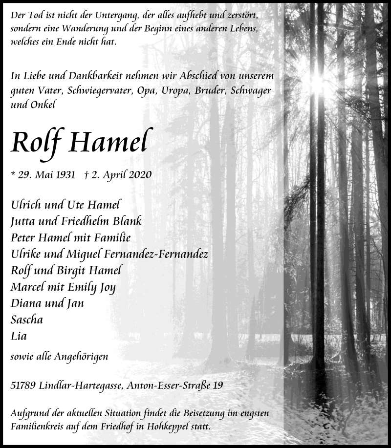  Traueranzeige für Rolf Hamel vom 10.04.2020 aus  Anzeigen Echo 