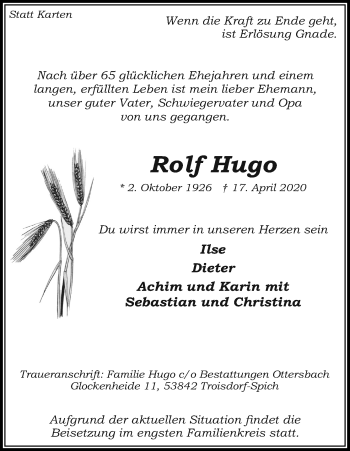 Anzeige von Rolf Hugo von Kölner Stadt-Anzeiger / Kölnische Rundschau / Express