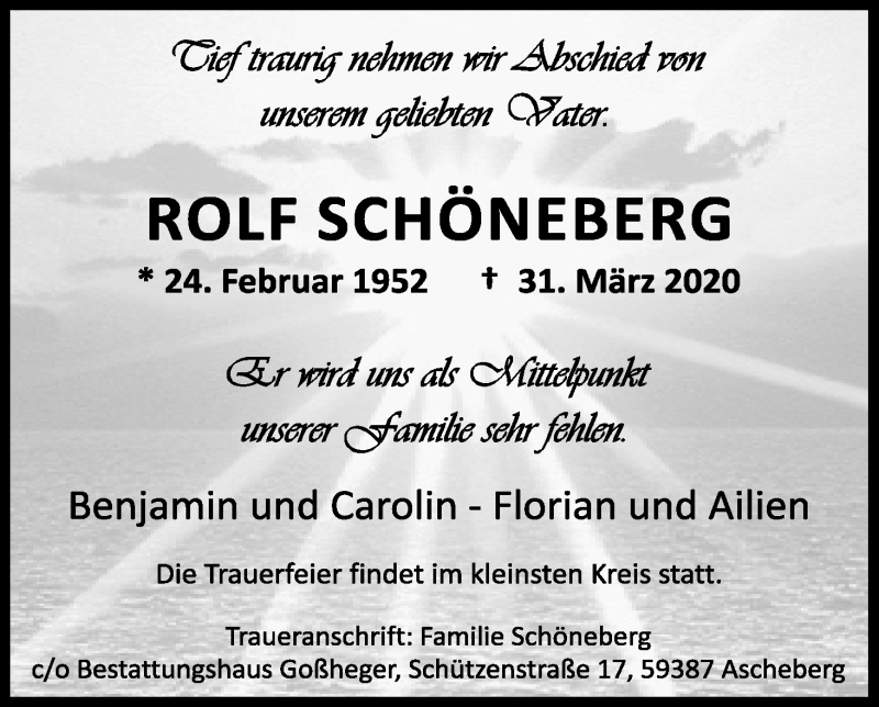  Traueranzeige für Rolf Schönberg vom 11.04.2020 aus Kölner Stadt-Anzeiger / Kölnische Rundschau / Express
