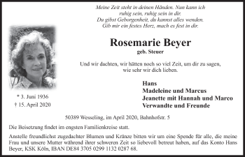 Anzeige von Rosemarie Beyer von  Schlossbote/Werbekurier 