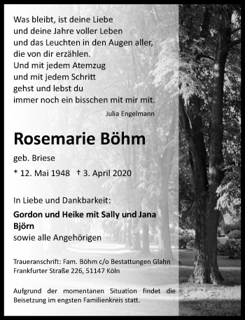 Anzeige von Rosemarie Böhm von  Kölner Wochenspiegel 