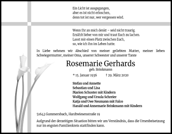 Anzeige von Rosemarie Gerhards von Kölner Stadt-Anzeiger / Kölnische Rundschau / Express
