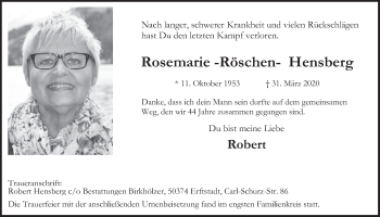 Anzeige von Rosemarie Hensberg von  Wochenende  Werbepost 