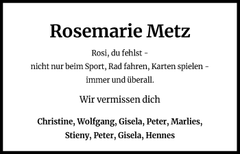 Anzeige von Rosemarie Metz von Kölner Stadt-Anzeiger / Kölnische Rundschau / Express