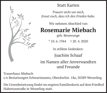 Anzeige von Rosemarie Miebach von  Schlossbote/Werbekurier 