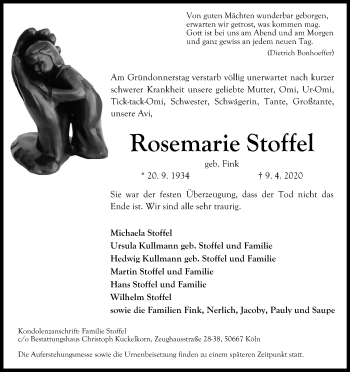 Anzeige von Rosemarie Stoffel von Kölner Stadt-Anzeiger / Kölnische Rundschau / Express
