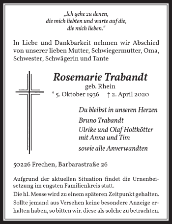 Anzeige von Rosemarie Trabandt von  Wochenende 