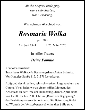 Anzeige von Rosenarie Wolka von Kölner Stadt-Anzeiger / Kölnische Rundschau / Express