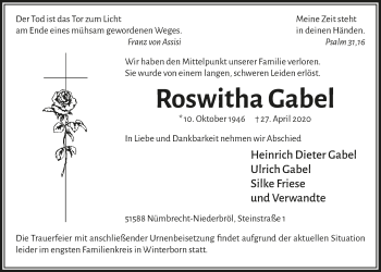 Anzeige von Roswitha Gabel von  Lokalanzeiger 