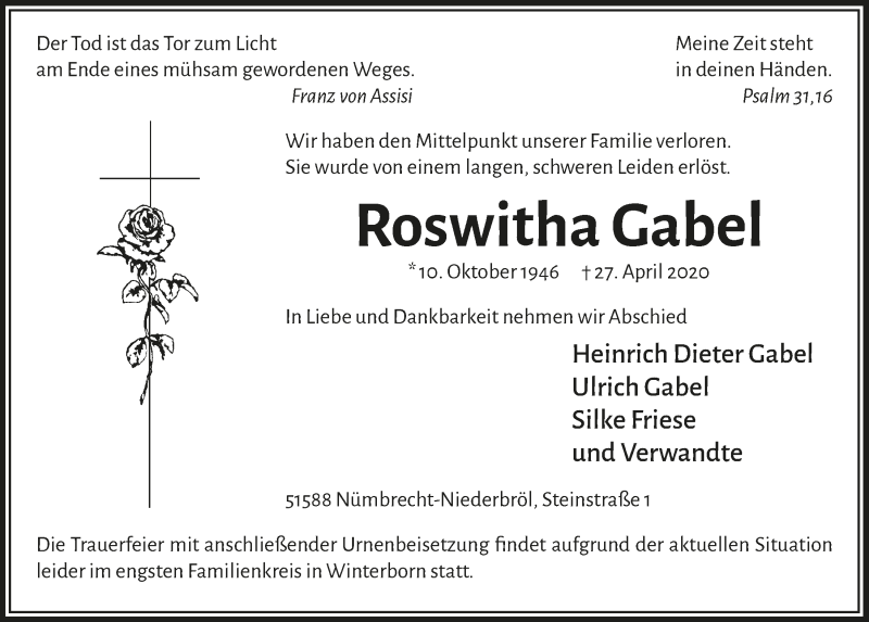  Traueranzeige für Roswitha Gabel vom 30.04.2020 aus  Lokalanzeiger 